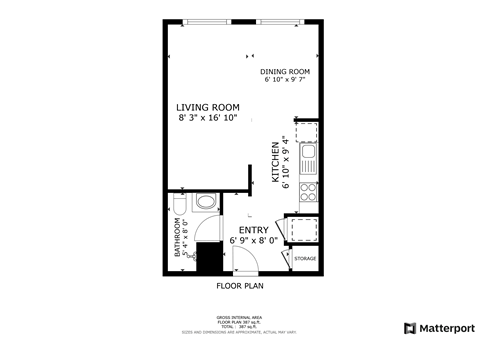 Floor plan for 1 bed, 1 bath, 621 sqft